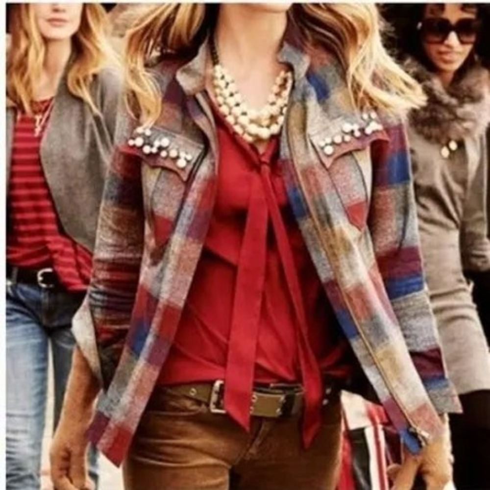 Cabi College Jacket 3555 Plaid Pearl Embellished Cotton Multicolor Large